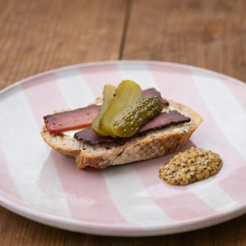 The classic Alpine Sandwich featuring rustic bread layered with Anna Meru smoked vegan cold cuts, mustard, and crunchy pickles on a striped plate.