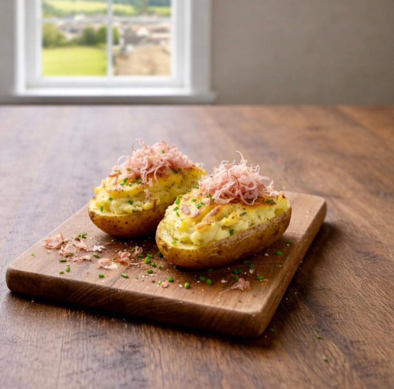Baked potatoes generously topped with grated Anna Meru Alpine Smoked Vegan Block and fresh herbs, served on a wooden board.