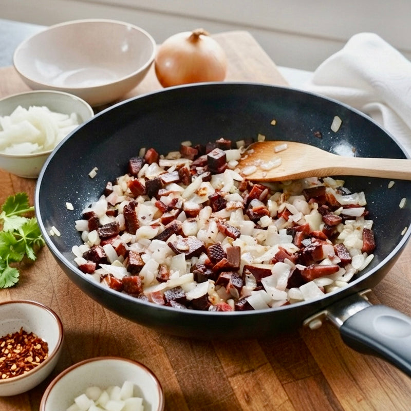 A frying pan on a wooden table cooking diced onions and Anna Meru Alpine Smoked Vegan Cubes being stirred with a wooden spoon.