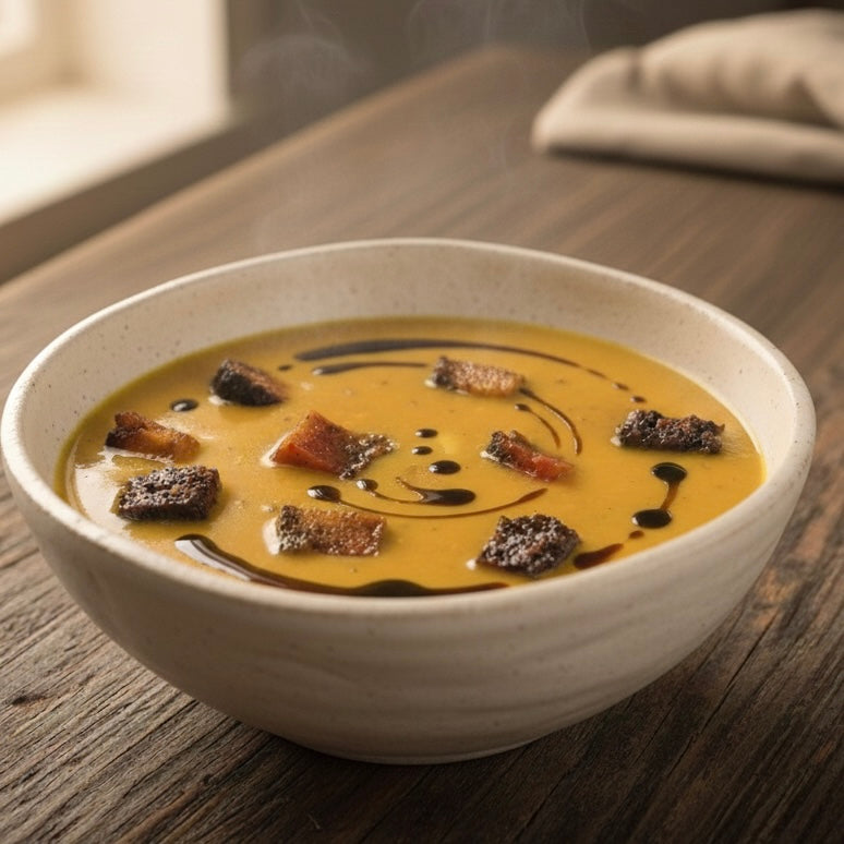 A warm bowl of creamy vegetable soup topped with crispy Anna Meru Alpine Smoked Vegan Cubes acting as healthy, protein-rich croutons.