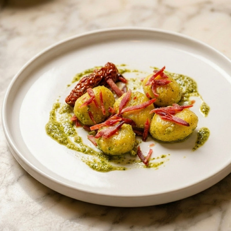 A gourmet plate of potato dumplings tossed in green pesto and garnished with savory strips of Anna Meru Alpine Smoked Vegan Block.