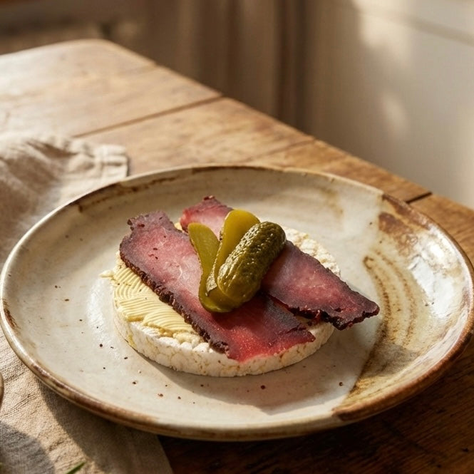 A quick and healthy snack consisting of a rice cake topped with spread, Anna Meru Alpine Smoked Vegan slices, and pickles.