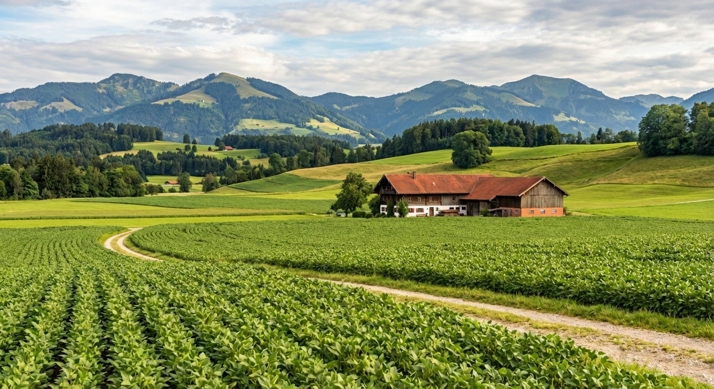 A traditional farmhouse nestled in the green Bavarian Alps, highlighting the locally produced origins of Anna Meru's vegan products.