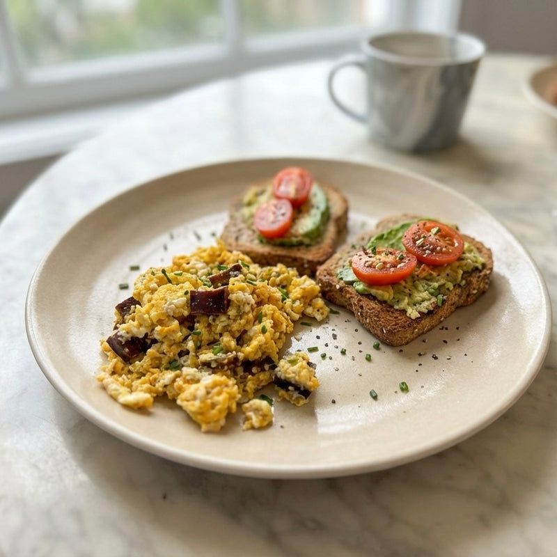 A healthy breakfast plate featuring scrambled eggs mixed with Anna Meru Alpine Smoked Vegan Cubes, served alongside avocado and tomato toast.